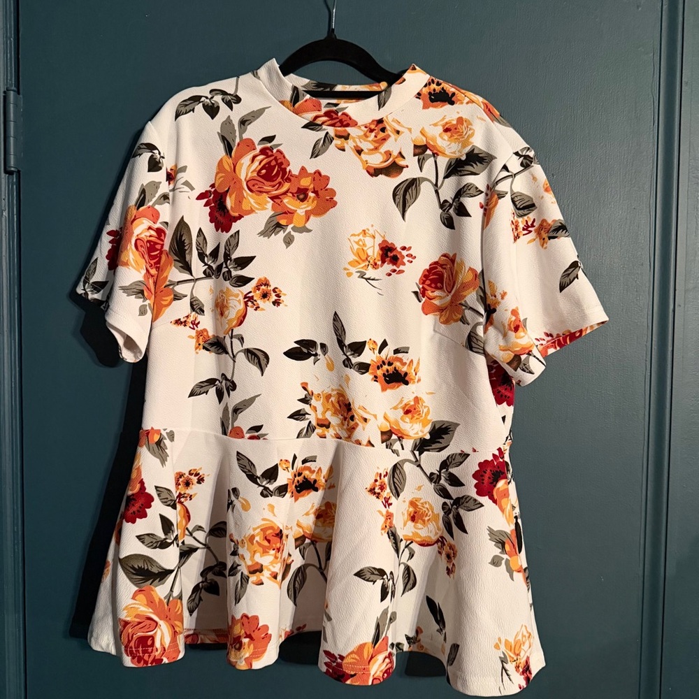 SHEIN Floral Blouse - White with Red and Orange Flowers. Fits like a large